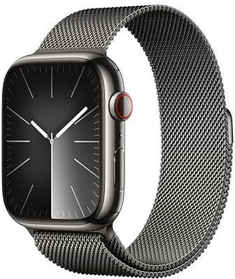 Apple Watch Series 9 GPS + Cellular 45mm Smartwatch con cassa in acciaio inossidabile color grafite e Loop in maglia milanese color grafite. Fitness tracker, app Livelli O₂, display Retina always-on