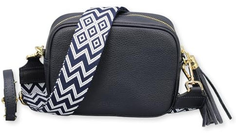 BRISE Umhängetasche Damen Echtleder KIRA Gold Handgemachte Crossbody Bag Schultertasche mit Ledergurt + Optionalen Breiten Gemusterten Riemen Verstellbarer Gurt Made in Italy (Dunkelblau - 3)
