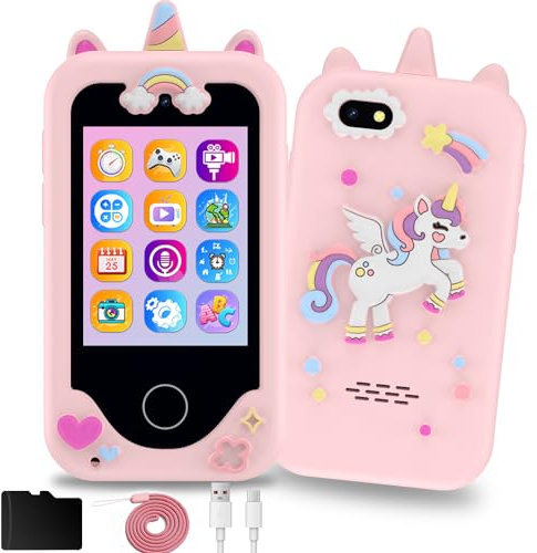 KAKTIN Kids Phone for Girls,Christmas Birthday Gifts for 3 4 5 6 7 8 years old Girls,Touchscreen Learning Toys for girls age 3-11 with Dual Camera 8G SD Card(Pink)