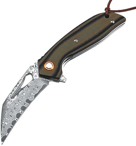 Joa Couteau de poche Damas pliant tranchant Tanto - Couteau pratique - Couteau d'extérieur - Couteau de survie - Couteau de chasse en acier de Damas - Petit couteau de qualité supérieure - Manche G10