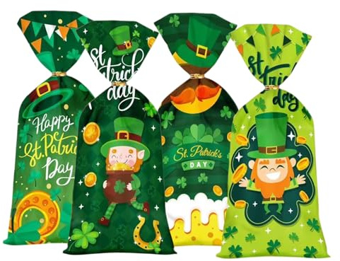 50 st söta St Patrick's Day presentpåsar i cellofan, St Patrick's Day sötsakspåsar, klöver cellofan presentpåsar, lyckoklöver godispåsar för irländska St. Patrick's Day festtillbehör