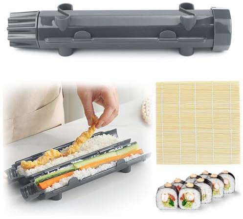 CHRI Sushi Maker Bazooka, juego de sushi para hacer sushi, sushi Roller Maker Sushimaker Bazooka y esterilla de bambú para principiantes (gris)