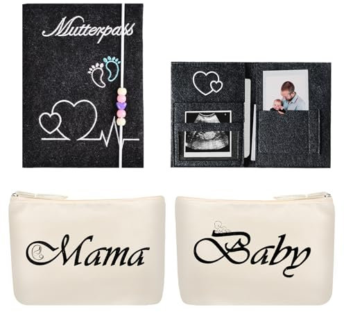VINEST Mutterpass Schutzhülle mit 2 Kosmetiktasche Bag für Werdende, Mutterpasshülle für Schwangerschaftstagebuch, Tragbare Filzen Mutterkindpasshülle Österreich mit Fächern, Geschenke für Mama