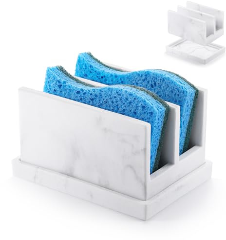Luxspire Küchenschwammhalter für Spüle, Spülbecken Organizer, Harz Spülschwammhalter mit 2 Fächern, Schwammablage für Küchenspüle, Schwammhalter mit Abtropfschale, Spülbecken Caddy, Kies Weiß