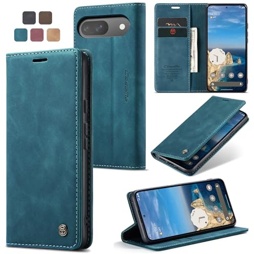 Cracedily Handyhülle für Google Pixel 9 / Pixel 9 Pro Hülle, Klapphülle Premium Lederhülle Klappbar Flip Case Tasche Magnet Kartenfach Standfunktion Klapphülle Schutzhülle Handyhülle, Blaugrün