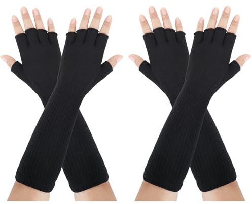 Kiiwah 2 Paar Lange Fingerlose Handschuhe Unisex Lange Stricken Armstulpen Halbfinger Handschuhe für Männer Frauen Winter Herbst(Schwarz)