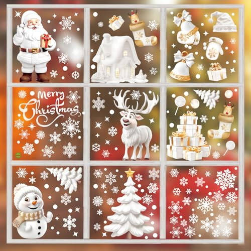 9 Fogli Adesivi Natalizi per Finestre in Vetro, Adesivi Statici Natalizi Finestre Decorazioni Natalizie Finestre Fiocchi Neve Babbo Natale Alci Adesivi Finestre per Feste Invernali (Stile 1)