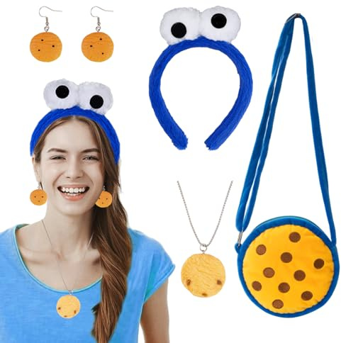 4 Stück Monster Accessoires Set, 1 Blau Haarreif, 1 Paar Chocolate Chips Ohrringe, 1 Keks Halskette, 1 Kekse Umhängetasche, Cookie Kostüm Damen für Karneval Fasching Halloween Cosplay