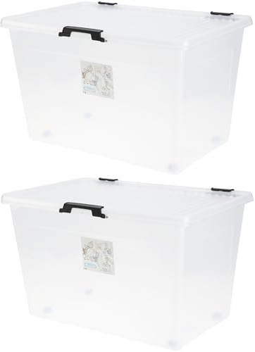 Muddy Hands Pack of 2-80 Litre Large Clear Plastic Storage Boxes with Lids & Wheels Stackable Containers - Length: 60cm - Width: 40cm - Height: 35cm