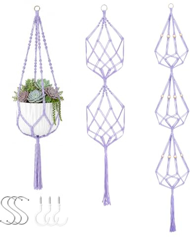 XXXFLOWER Macrame Plant Hanger, Indoor Hanging Plant Holder, 3 Pack, Purple | 6 Hooks, 3 Sizes Different Tiers for 6 Pots, Plant Hanger Outdoor With Beads, Cotton Rope, Boho Balcony Home Ceilings Decor