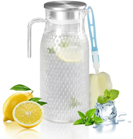 1 Pack 1.6L Plastic Pitcher with Stainless Steel Lid, Acrylic Water Juice Jug, Transparent Fridge Water Jugs, Unbreakable, Easy to Clean Milk Jug for Iced Tea, Lemonade, Cold or Hot (1pcs 1.6L)