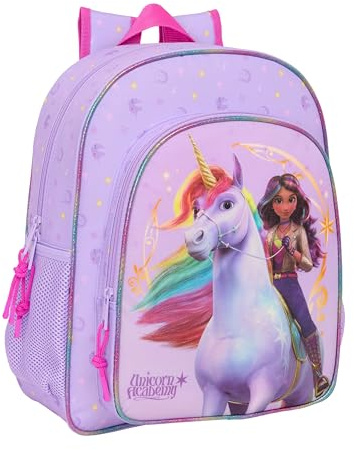 UNICORN ACADEMY Skolryggsäck för barn, barnryggsäck, lämplig för skolbarn, bekväm och mångsidig, kvalitet och styrka, 32 x 12 x 38 cm, Lila, M, Avslappnad