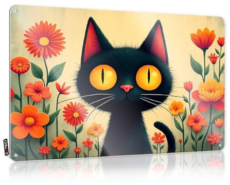 Dorm Door Sign Black Cat In A Garden Of Orange Flowers Tin Sign Tin Wall Decor Metal Sign Funny(20X30CM)