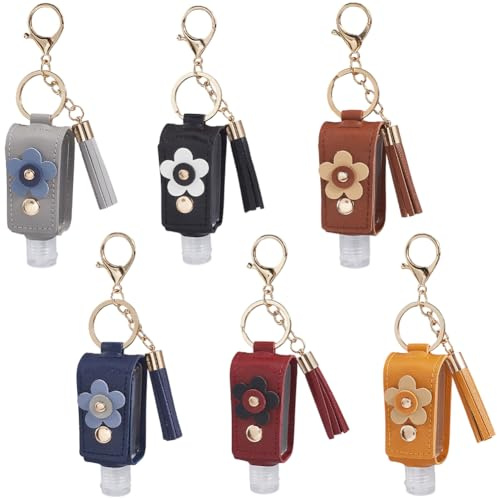 SUNNYCLUE 6 st 6 färger handsprit flaska nyckelring reseflaskhållare nyckelring färgglad liten blomma 30 ml tom PU imitation läder ortable nyckelringar för toalettlotion tvål schampo vätska