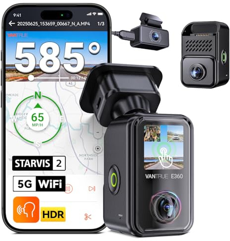VANTRUE E360 Plus 3 Canaux Dashcam Voiture, Dash Cam 5.2K Panoramique + 1440P Double STARVIS 2 HDR, Camera Embarquée 360 degrés Infrarouge, 24H Mode Parking, Contrôle Vocal FR, Écran Tactile, Max. 1To