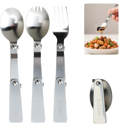 Lot De 3 Couverts Pliables En Acier Inoxydable 304, Cuillère Et Fourchette De Table Compacte, Couverts De Voyage Réutilisables Pour Camping, Pique-Nique, Randonnée, École, Bureau, Activités Extérieure