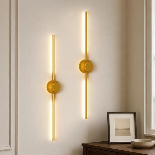 GEADI Akku Wandleuchte Innen, Wiederaufladbar Wandlampe Gold Lang, Dimmbar LED Wandleuchten Kabellos with Fernbedienung für Schlafzimmer, Wohnzimmer, Flur, 2 Stück