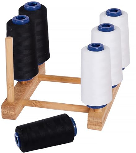 Larger Sewing Machine Threads with Wooden Rack Organizer, 3000 Yards Each Roll 3 White Serger Thread Cones 3 Black Sewing Thread Spools 6 Pack