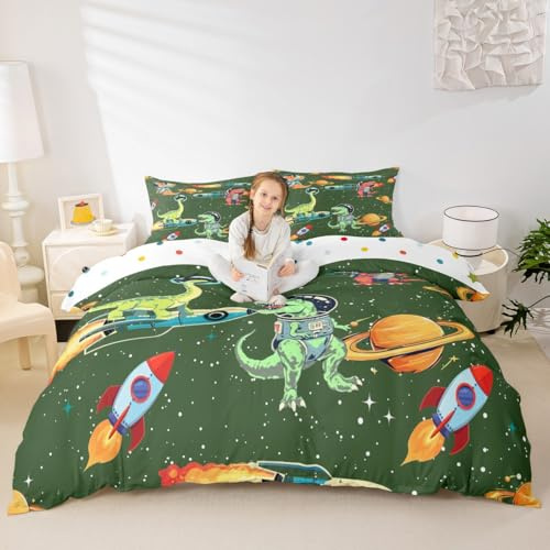 Castle Fairy Green Dino Duvet Cover Sets King Size,Cool Rocket Bedding Set 3Pcs for Kids Girls Boys Adults Room Decor,Space Dino Bedspreads Cover Space Travel Quilt Covers,2 Pillowcases