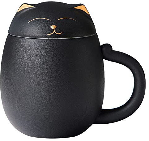 Tasse à thé en forme de chat avec infuseur et couvercle, tasse à thé en céramique avec filtre d'infusion, coffret cadeau fantaisie noir pour les amoureux des chats, cadeau parfait pour homme et femme