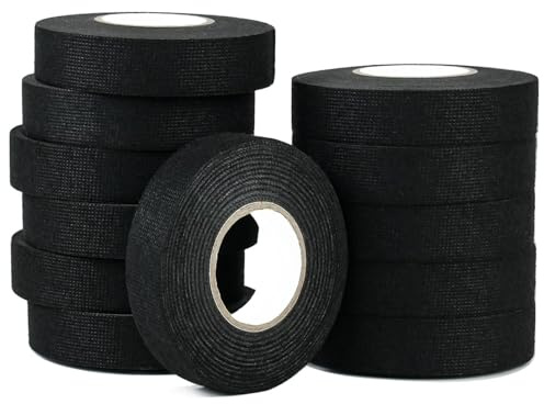 CHUANGSEED 12pack-Wiring Hardness Tape 19mmx 15m Black Loom Binding Felt for Heat Resistant Insulation Tape for Wires Noise Damping Car Cables Fixed Black Adhesive Fabric Cloth Tape