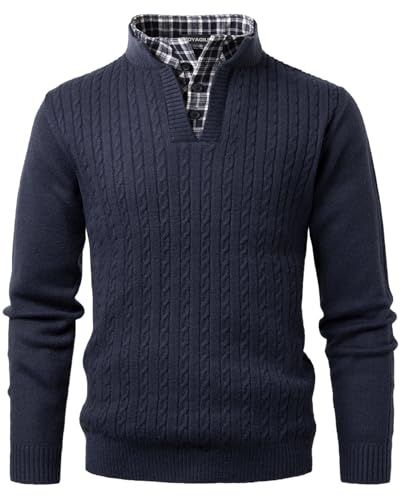 Voyagile Pull Homme avec Col de Chemise Factice Tricot Torsadé Longues Pullover 2 en 1 Sweater