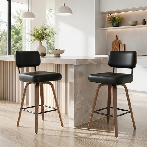 YUUIJOAA 360°Drehbarer Barhocker 2er Set, PU Barhocker 65cm Sitzhöhe mit Holzbeinen, Mid-Century-Design Bar hocker mit 4 Beinen und Lehne, Barstühle Küchenhocker für Küche und Bar,Schwarz