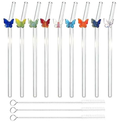 9Pcs Glass Straws with Charms, Glass Straws Drinking with 3 Pcs Straw Brush, Bow Clear Straw Glasses, Juice Smoothies Coffee Milk Tea Milkshakes and Hot Drinks Bow Heat Resistant
