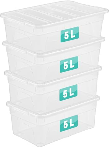 Optimal Products 4 x 5 Litre Storage Boxes With Lids Set of 4, Clear Multipurpose Nestable Stackable Plastic Storage Box With Lid Clear Containers For Home, Kitchen, Garage, Office, Accessories