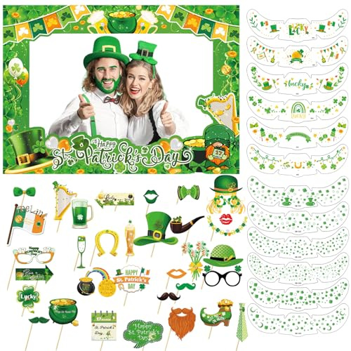 GARBODIY 47 PCS St Patrick's Day Photo Booth Props Kit - Funny Couple Handheld Frames & Selfie Decorations for Party (34 Props, 12 Tattoos & Handheld Frame