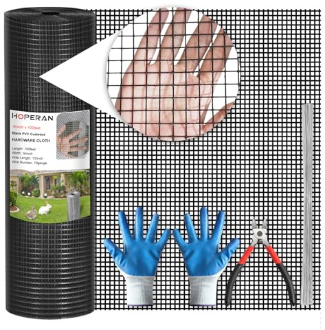 HOPERAN Black Hardware Cloth 1/2 inch 36inch x 100 Foot 19 Gauge - Vinyl Coated Welded Chicken Wire Fencing Mesh, PVC Wire Fence Roll for Garden Fence, Gopher Wire and Poultry Netting Cage