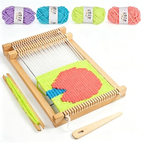 HIKPACKER Wooden Weaving Loom Kit Portable Mini Hand Weaving Frame | 19x29cm Hand-Knit Machine Educational with Yarns,Rods,Combs and Shuttles, Suitable for Beginner