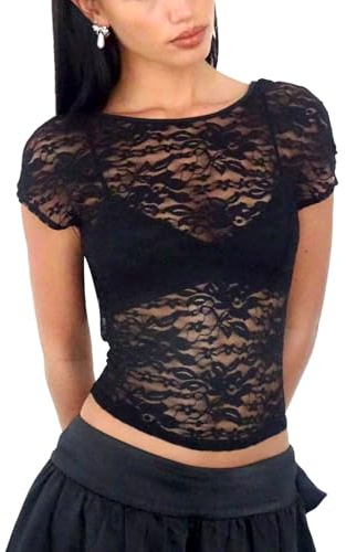 UJBVCX Camicia in Pizzo Maglia Schiena Scoperta Camicie a Maniche Corte Sexy Top Corto Slim Fit Top per Festival e Feste