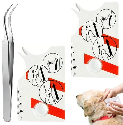 Cossaot 2 stycken fästingdäck med förstoringsglas, kattfästingar, hunddragare, tikklämma för hundar, detekteringsverktyg, för exakt identifiering av fästingar och andra insekter