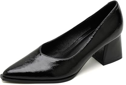 Qynthra Zapatos Oficina Punta Afilada Tacón Bloque Slip On Tacones Vestir Clásicos para Trabajo Oficina Negocios Ante,Black Leather,38 EU