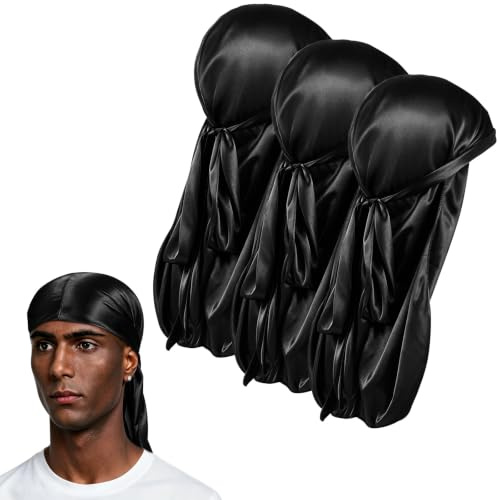 Wanme 3 Piezas Durag de Cola Larga, Sombrero Pirata, Durag de Seda Gorro de Onda, Hiyab Sedoso Unisex de Banda Ancha de Cola Larga, Durag Sedoso Transpirable para Hombre (3×Negro)