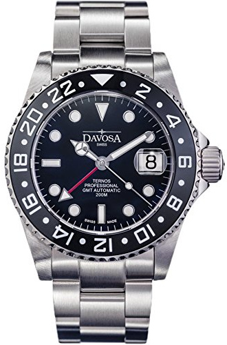 Davosa Ternos professionelle Herren-Armbanduhr, hergestellt in der Schweiz, automatisch, beleuchtet, analog, mit GMT-Dualzeit, stilvollem Armband und Keramik-Lünette