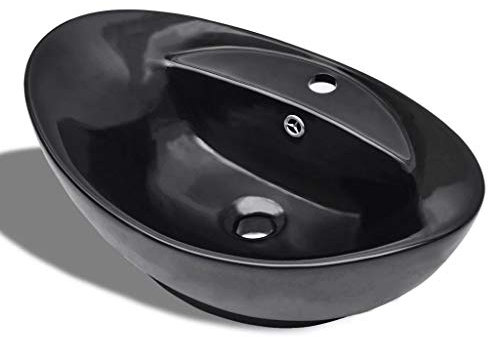 Festnight Keramik Waschbecken Oval Handwaschbecken Waschschale Hahnloch/Überlaufloch Schwarz 585 x 390 x 210 mm