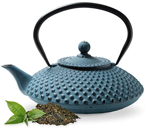 Tealøv Kambin THEIERE FONTE1,25 LITER - Théière en Fonte avec Infuseur - Entièrement émaillée de l'intérieur - Prépare Une Tasse de Thé Parfaite – Design Authentique Japonais à Picots - Bleu