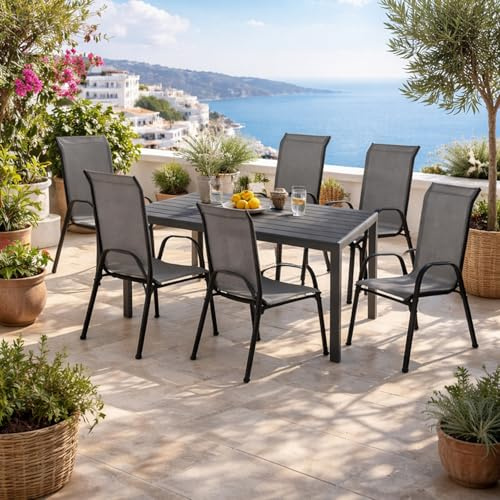 Mojawo Hochwertige Gartengarnitur 7-teilig Gartentisch 160x90cm Anthrazit WPC Schwarz + 6 Stapelstühle Textilen Schwarz/Anthrazit