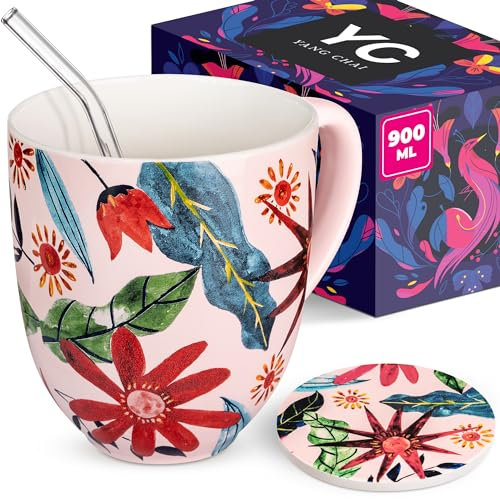 YC YANG CHAI Tea Cup Large 900 ml - Jumbo Cup Made of Bone Porcelain - Jumbo Cup Gift Set with Coaster - Coffee Cup, Giant Cup, Drinking Cup, Giant Cup, Jumbo Mug - YC Sunflower