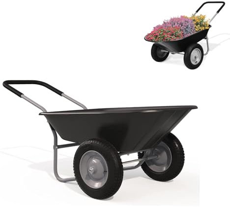 GYMAX Brouette de Jardin 2 Roues avec Cuve de 140 L, Chariot de Jardin avec Contenant en PP, Cadre en Fer Charge 100kg, Pneumatiques pour Tout Terrain, Convient pour Jardin, Patio et Entrepôt (Noir)