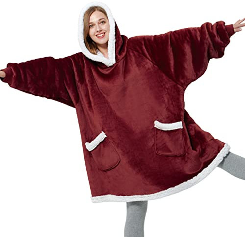 BEDSURE Hoodie Decke mit Ärmeln und Kapuze - Kuscheldecke mit Ärmeln Sherpa Kuschelpullover Damen als Geschenke für Frauen, Rot, 110x90cm