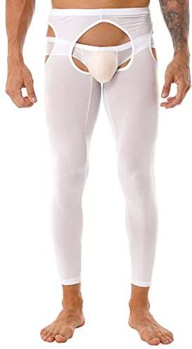 JEATHA Herren Glossy Strumphose Stretch Leggings Tights Glänzende Stützstrumpfhose Feinstrumpfhose Unterhose Underpants Erotik Dessous Unterwäsche Weiß One Size