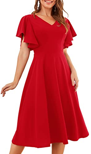 Bridesmay Women Casual Tea Dresses Flared Sleeve Vintage Cocktail Dresses Modest Church Homecoming Dress Women's Wear to Work Dresses Red M