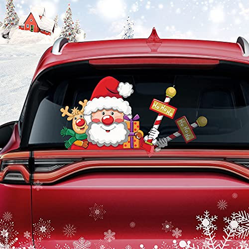 Dreothy Christmas Decor Rear Wiper Decal Ho Ho Ho Santa Claus and Deer Waving Arm Wiper Stickers Waterproof Vinyl Car Stickers and Decals Rear Windshield Wiper Decal Tags Xmas Car Window Decals