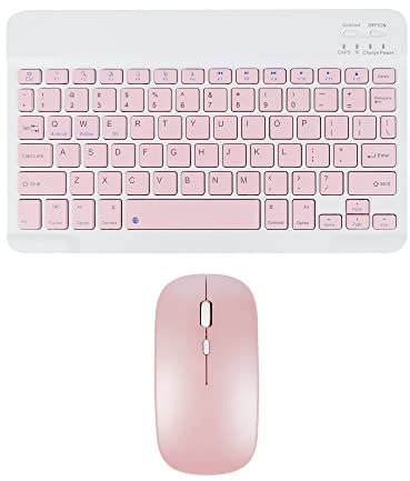 Mini Bluetooth Keyboard and Mouse for iPad, Tablets, Android, iPhone, Rechargeable ipad Keyboard with Silent Wireless Bluetooth Mouse, Compatible with ipad pro/ipad Mini/ipad Air Mac OS, Pink Combo