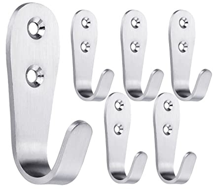 Mokife Gancho Perchero Pared Acero Plata, 6 Piezas Modernos Grandes J Ganchos Individuales para Abrigos Ropa Túnicas Toallas Bolsas Sombreros Gorras Llaves Bufandas Tazas