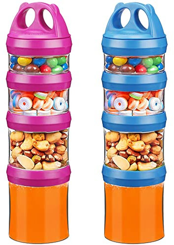 BeneLabel Snack Box, 2pcs Stackable Snack Pot 4 Compartments 31oz/917ml Portable Food Container Storage Jar Nuts Candy Formula Dispenser with Lid for Travel, BPA Free & Leak-proof, Red/Blue