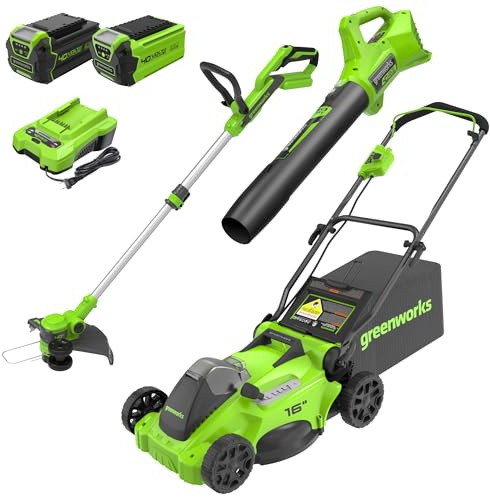 Greenworks 40V 16 Brushless Cordless (Push) Lawn Mower + Blower (350 CFM) + 13 String Trimmer (Bonus Spools), 4.0Ah + 2.0Ah Battery and Charger Included (75+ Compatible Tools)